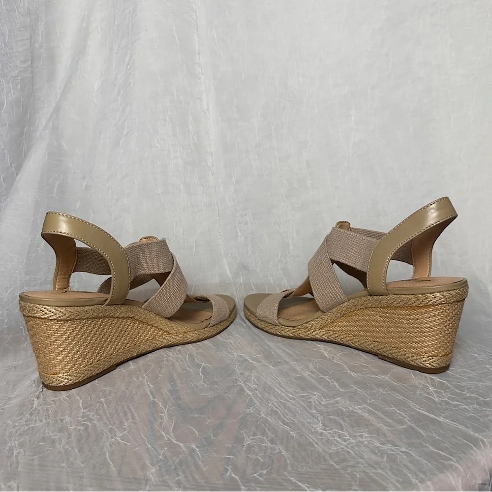 Lucky Brand Cork Wedge Heel Espadrilles Sandals T-strap Stretch Slingback 9.5‎